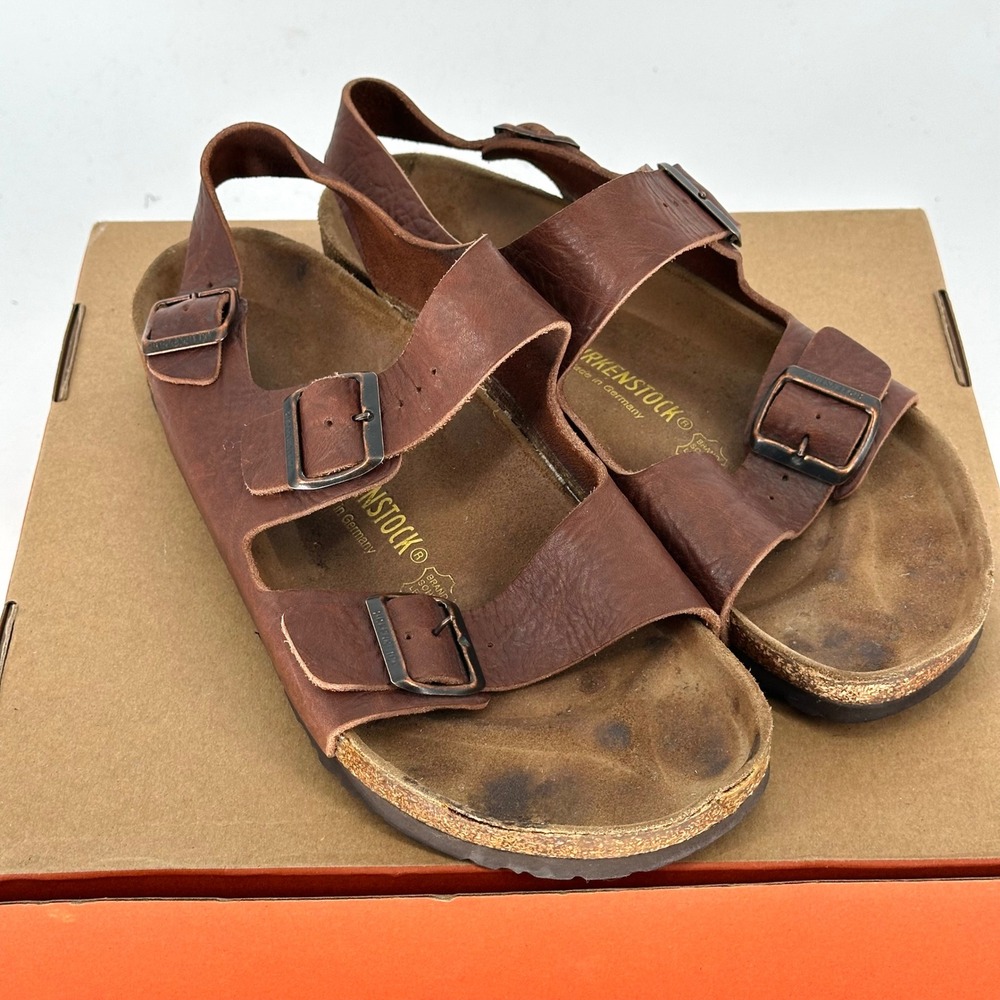 Birkenstock Milano Oiled Brown Leather Buckle Sandal Men 44 US 11-11.5 FLAW
